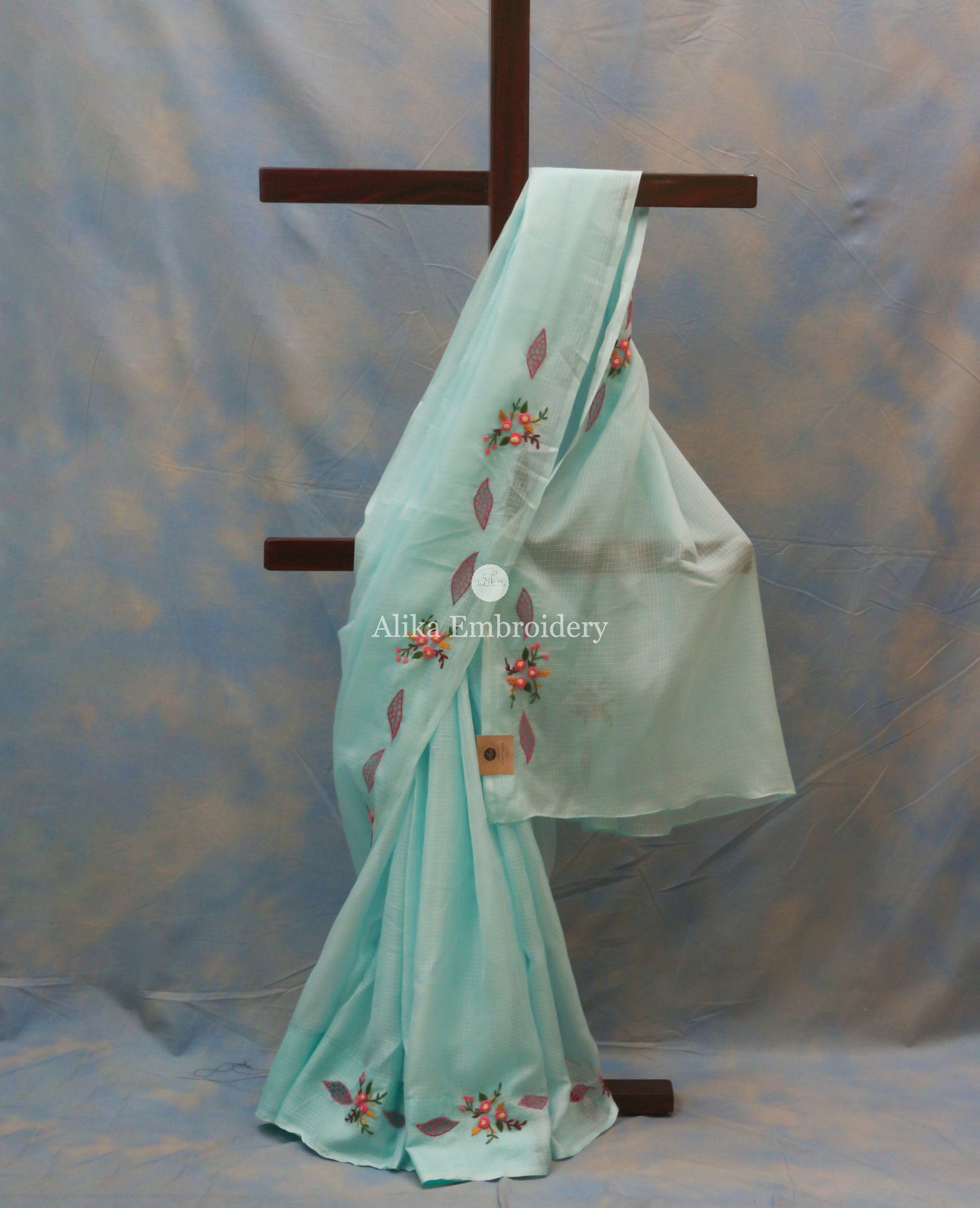 Chic Light Turquoise Blue Checked Kota Saree with Pink Hand Embroidery and Cutwork