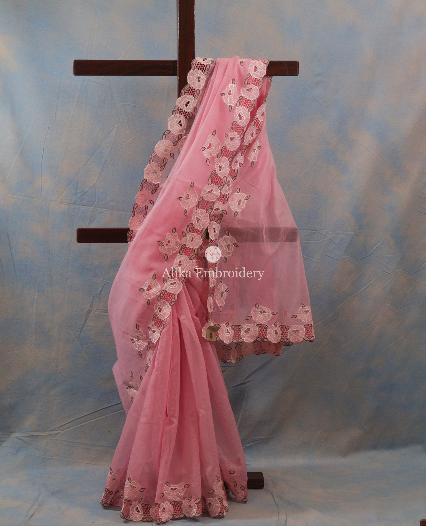Elegant Pink Silky Kota Saree with White Floral Cut Work