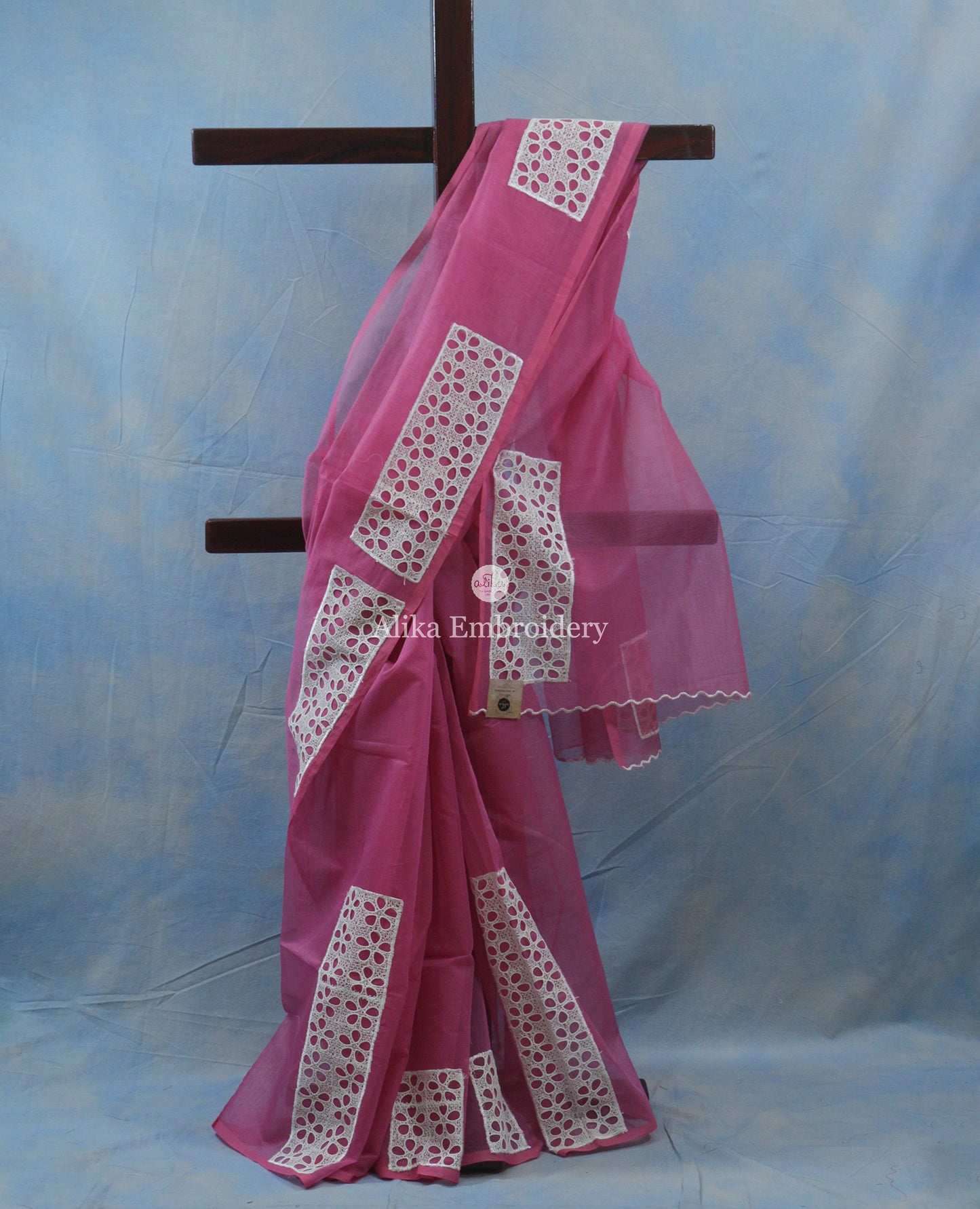 Chic Pink Kota Saree with White Floral Cut Work