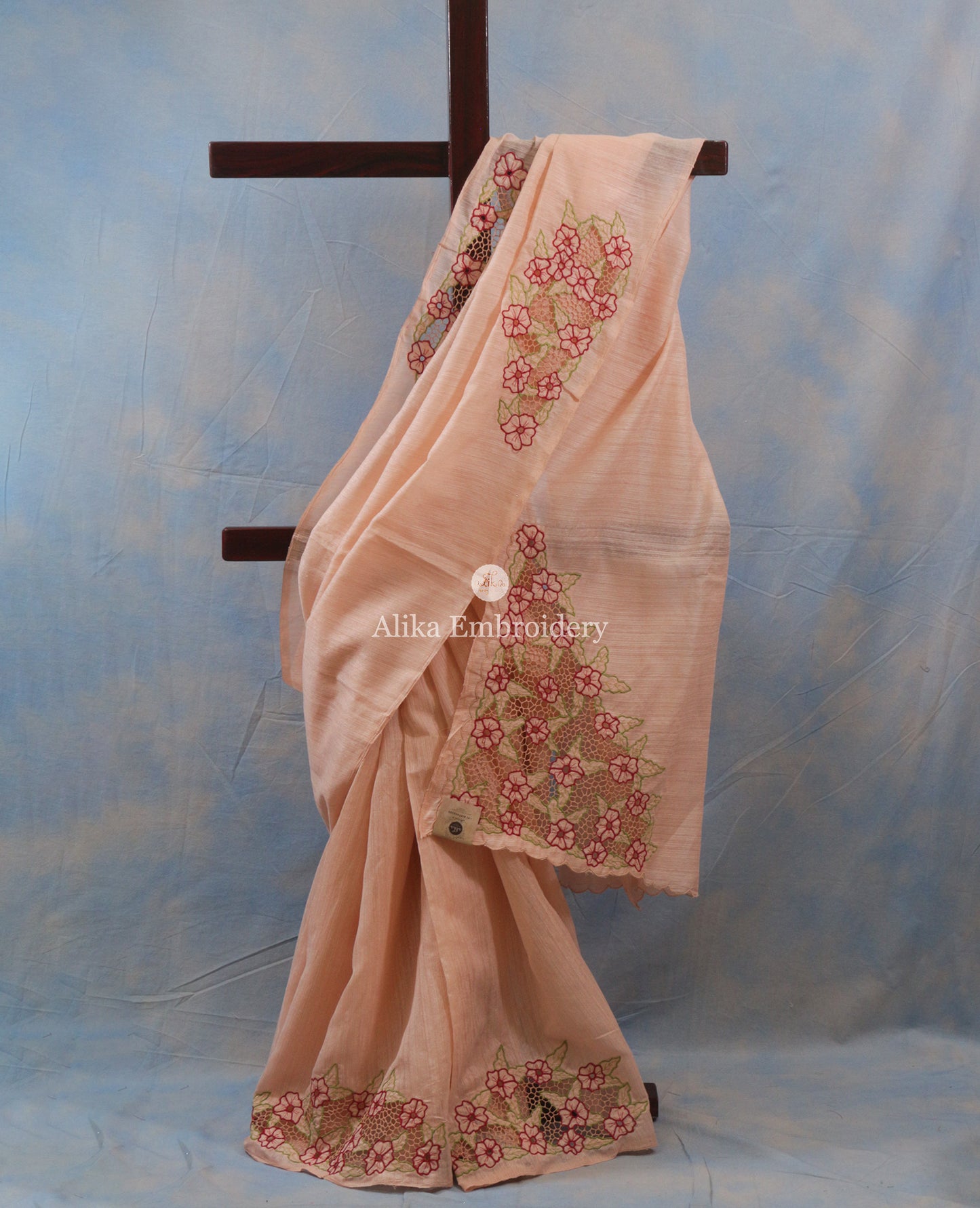 Elegant Peach Shaded Raw Silk Saree with Red Floral Embroidery and Peach Cut Work