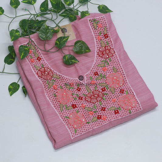 Pink Semi-Silk Kurti with Hand and Cutwork Embroidery