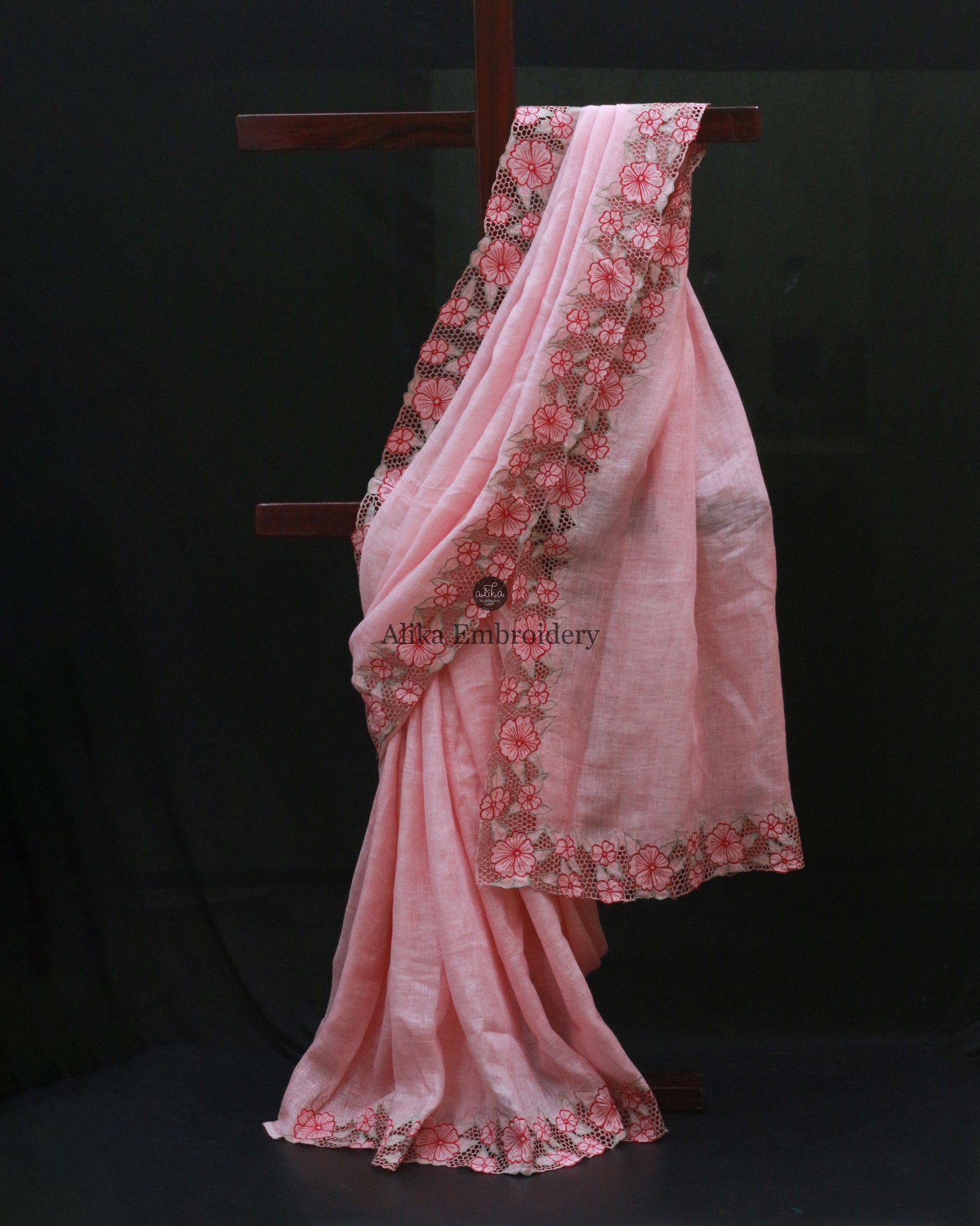 Peach Linen Saree with Red Floral Embroidery | Cutwork Border | Elegant Indian Attire