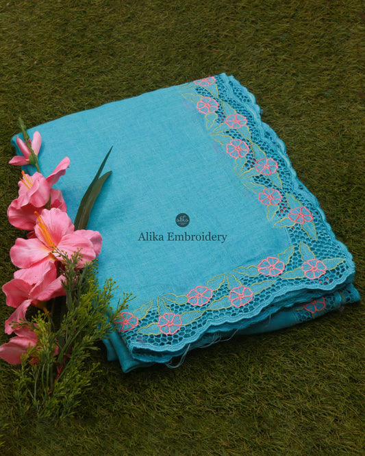 Sky Blue Linen Saree with Pink Floral Full Border Cutwork | Elegant Summer Sari