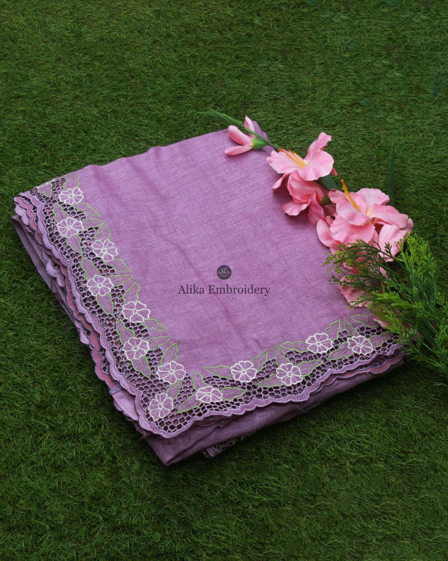Lavender Shade Linen Saree with White Floral Full Border Cutwork | Elegant Sari