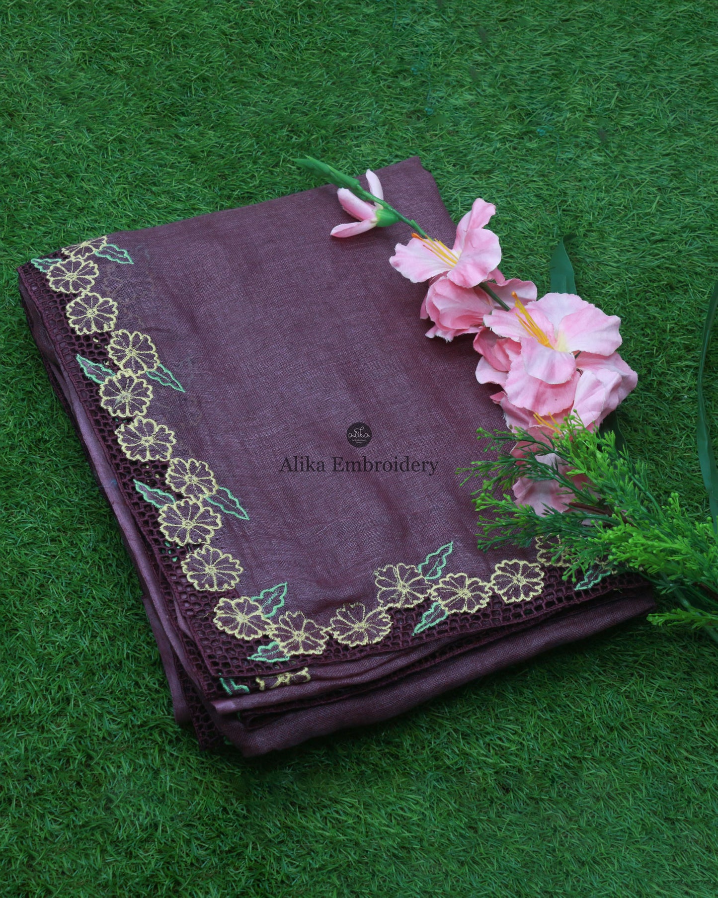 Dark Purple Linen Saree with Yellow Floral Full Border Cutwork | Stylish Sari