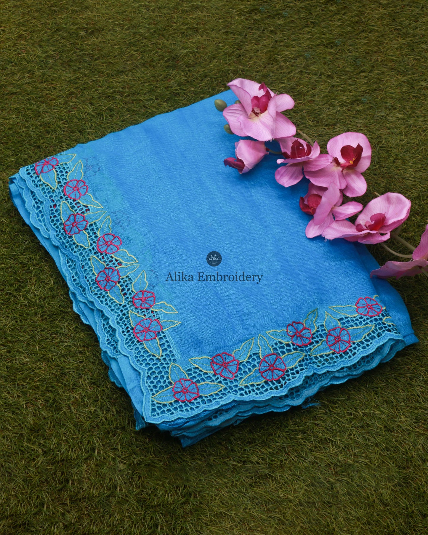 Blue Linen Saree with Rani Pink Floral Full Border Cutwork | Elegant Ethnic Attire