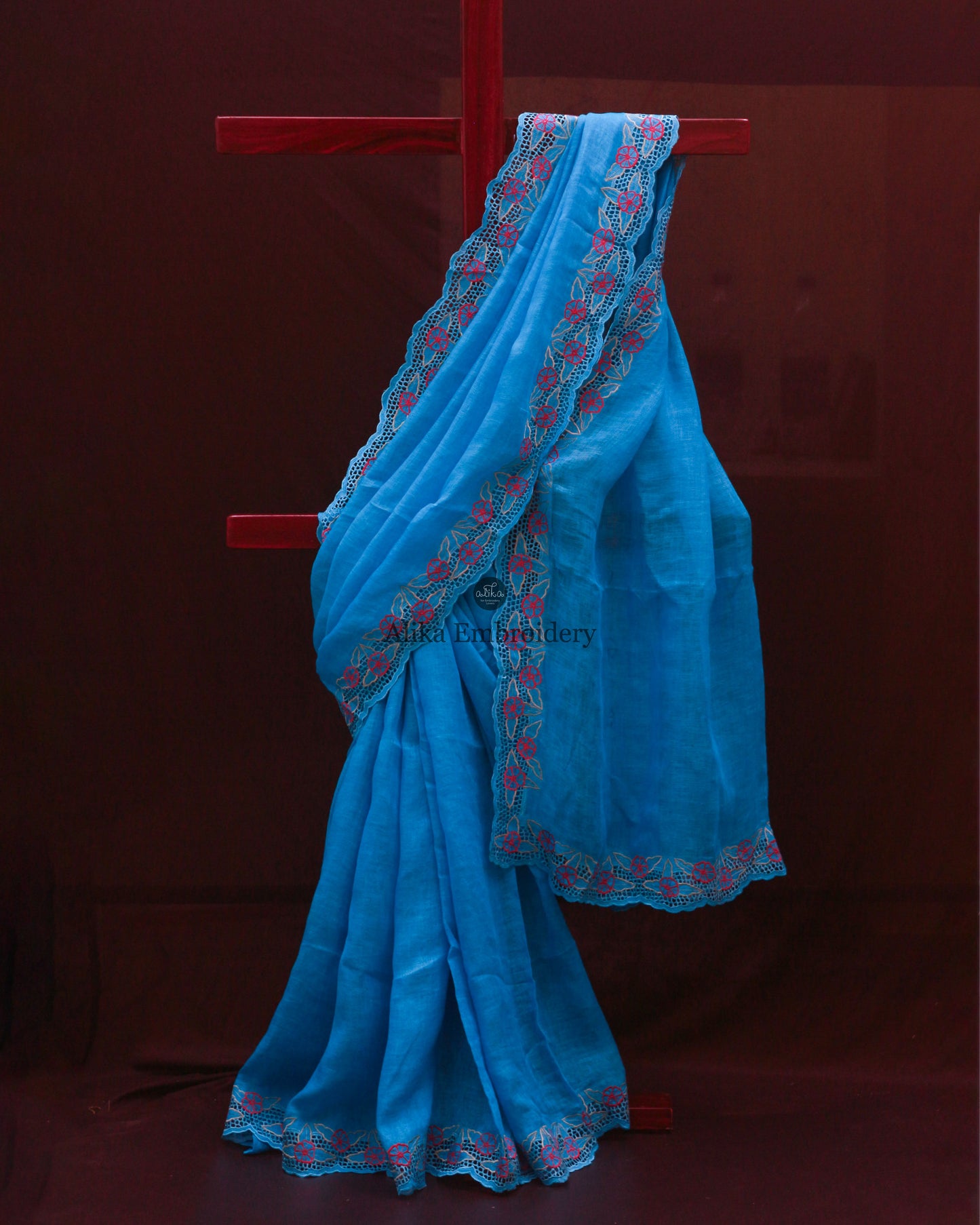Blue Linen Saree with Rani Pink Floral Full Border Cutwork | Elegant Ethnic Attire