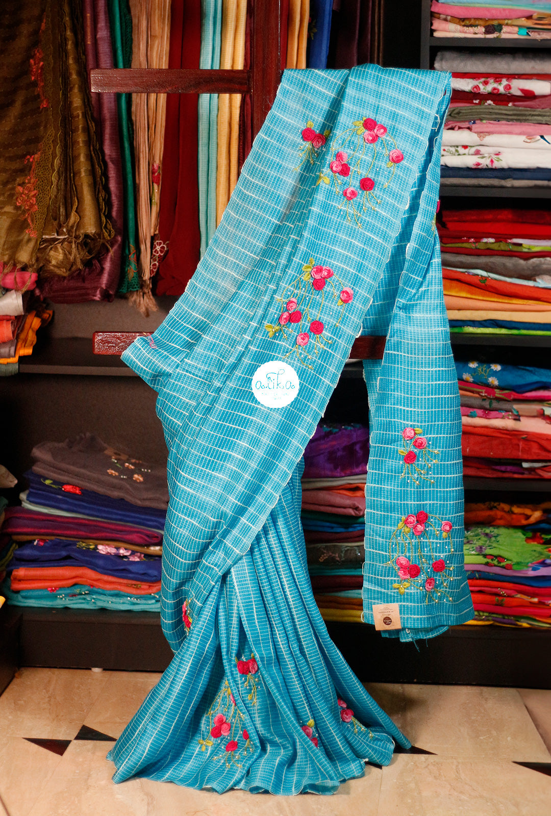 BLUE TUSSAR SILK SAREE WITH PINK CASTON EMBROIDERY AND BEAD WORK