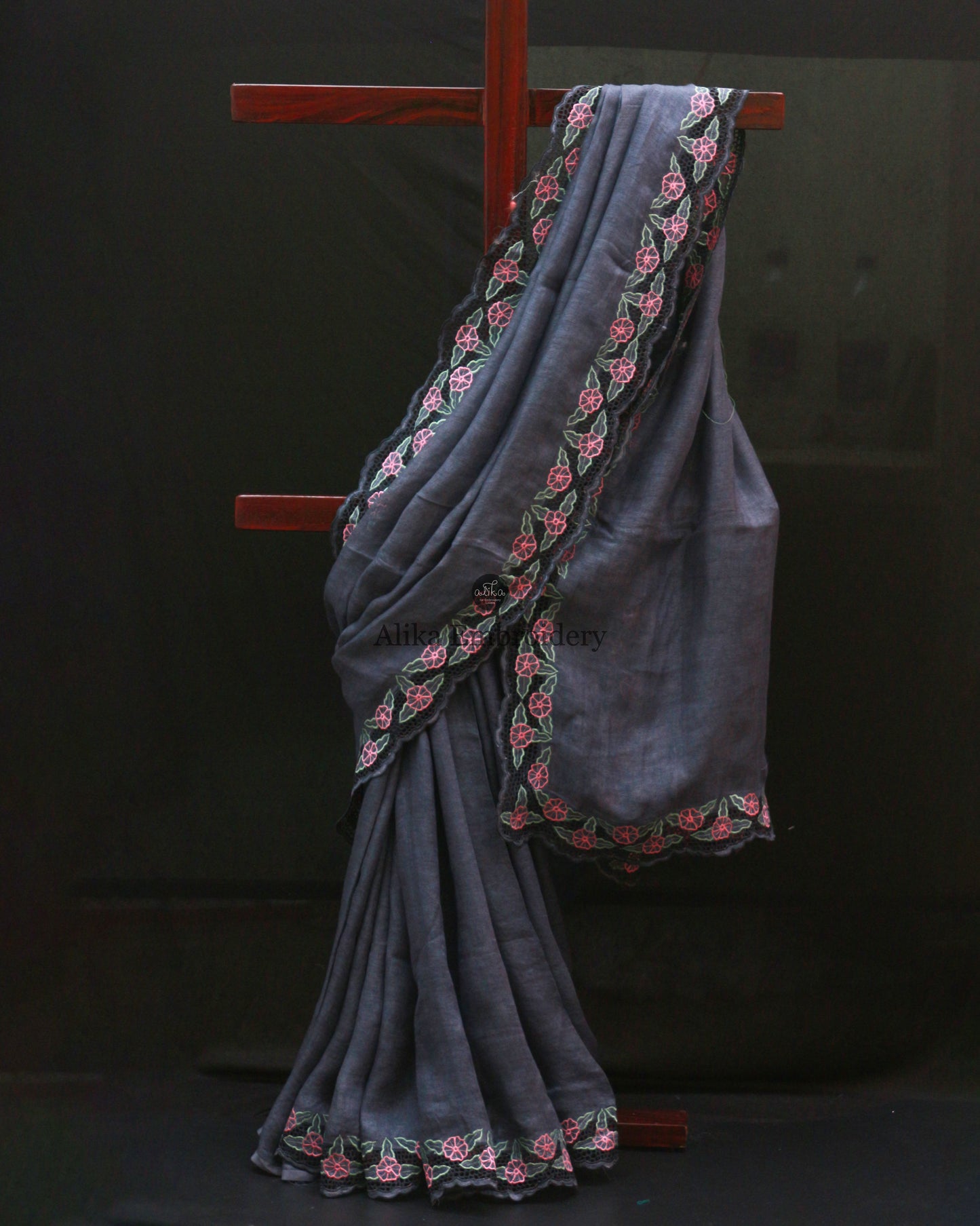 Grey Linen Saree with Pink Floral Full Border Cutwork | Elegant Ethnic Attire
