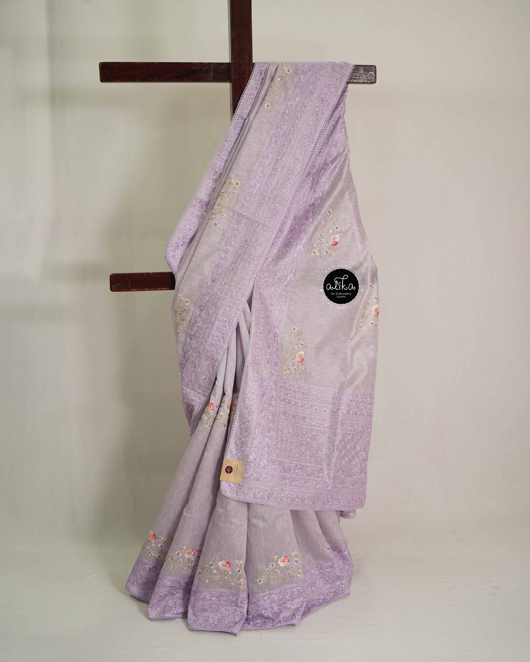 Lavender Designer Silk Saree with Floral Machine Embroidery