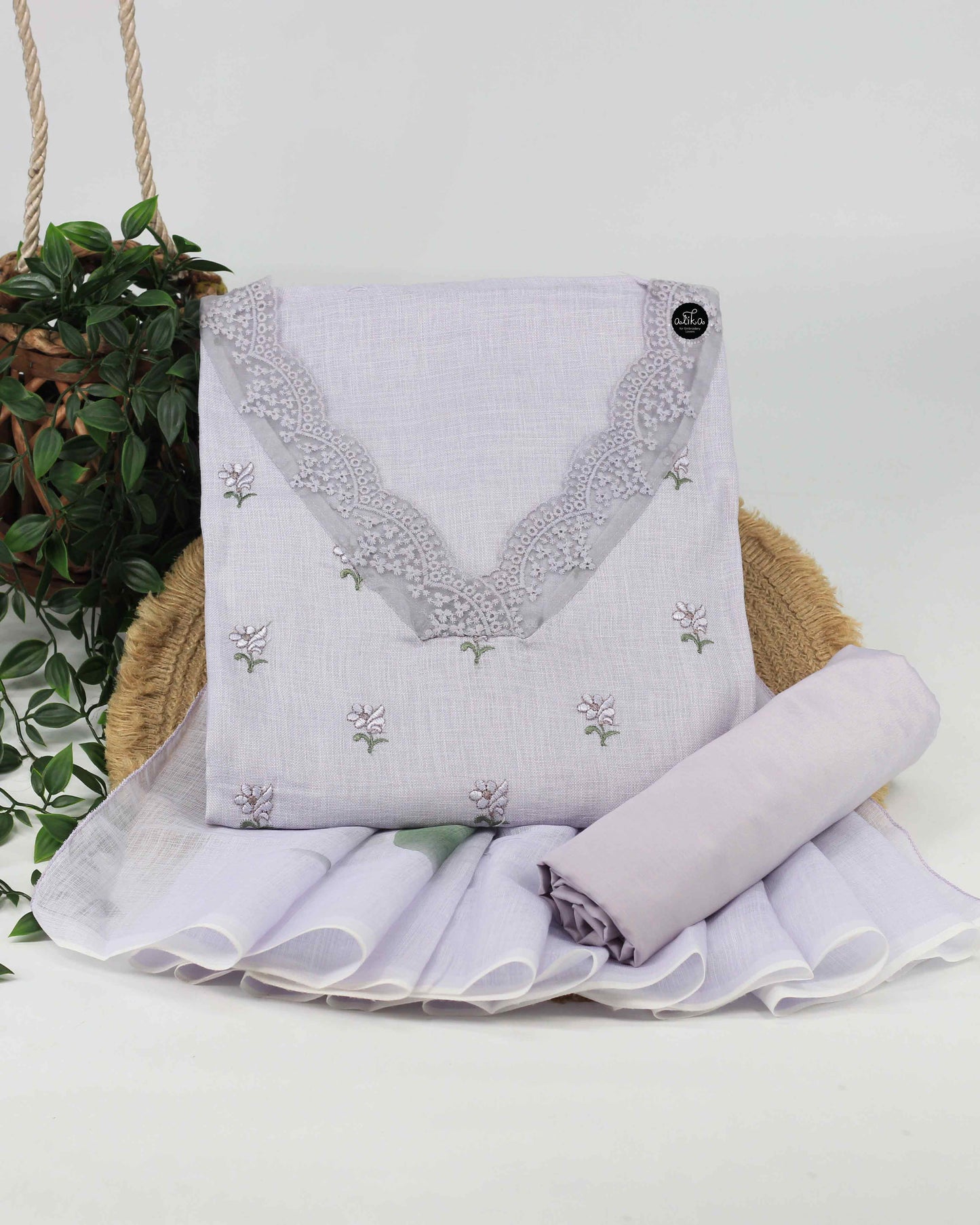Lavender Linen Unstitched Salwar Set with Floral Machine Embroidery & Lace Detailing on neck and sleeves