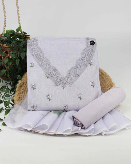 Lavender Linen Unstitched Salwar Set with Floral Machine Embroidery & Lace Detailing on neck and sleeves