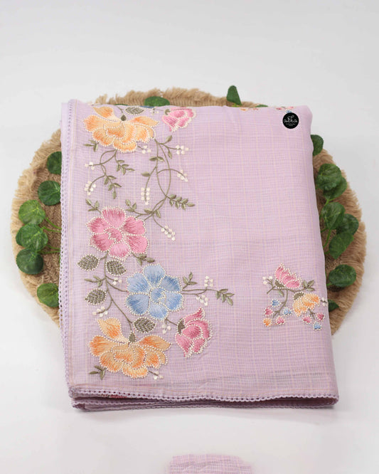 Lavender Kota Saree with Floral Machine Embroidery and Plain blouse Material