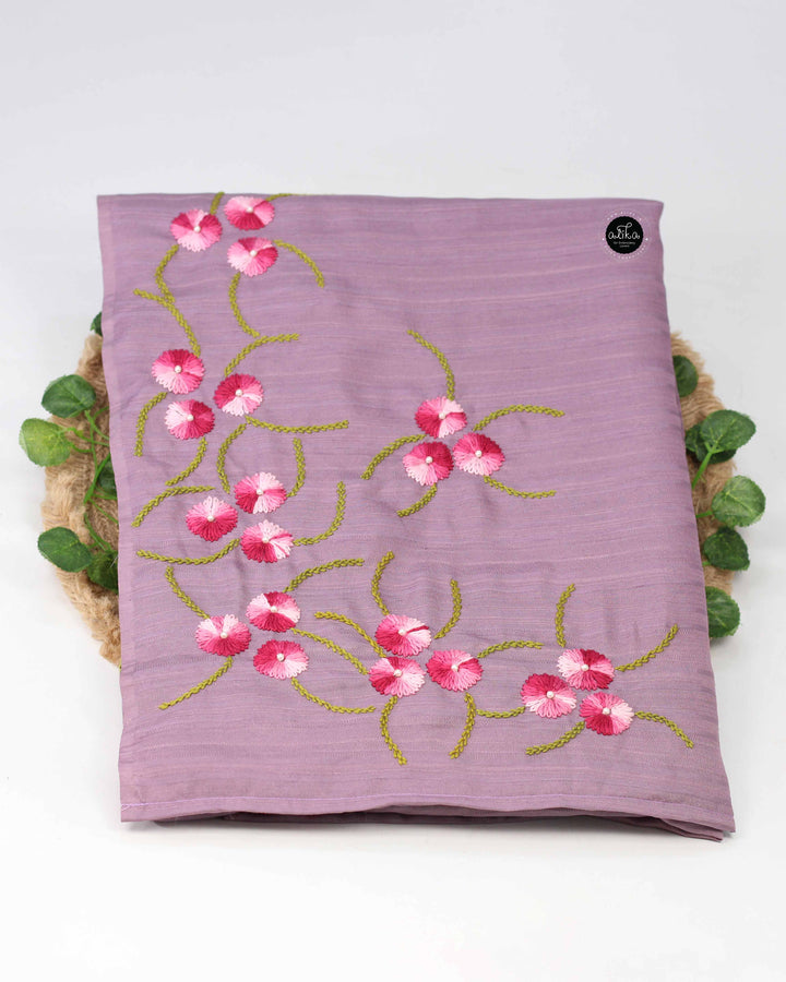 Lavender Kota Saree with Floral Hand Embroidery