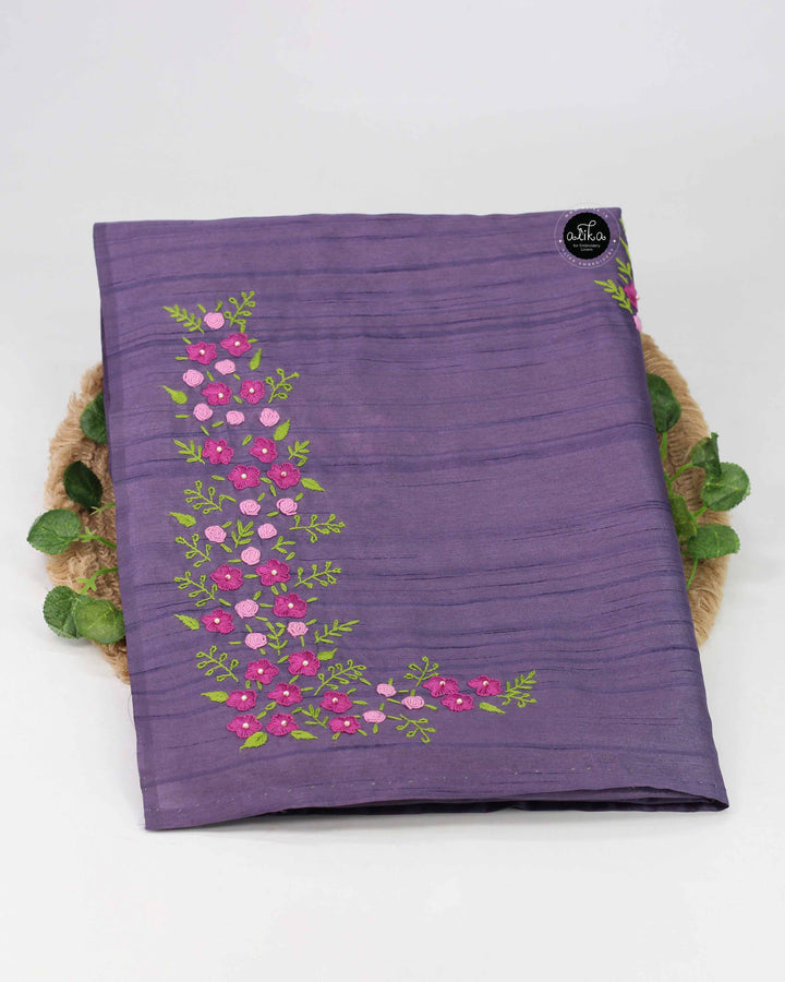 Lilac Semi Silk Saree with Floral Hand Embroidery