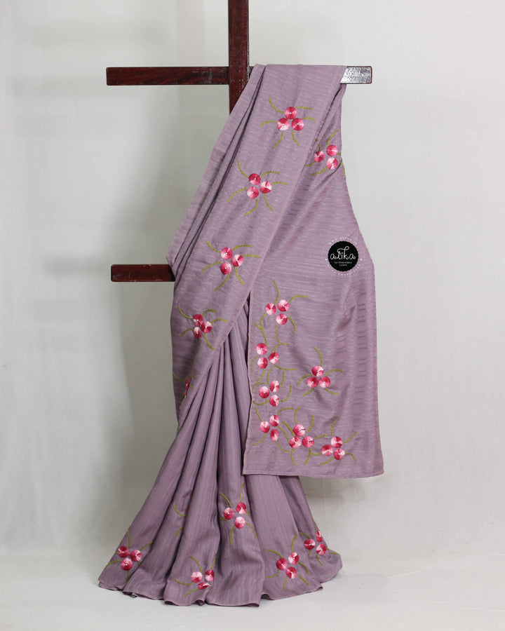 Lavender Kota Saree with Floral Hand Embroidery