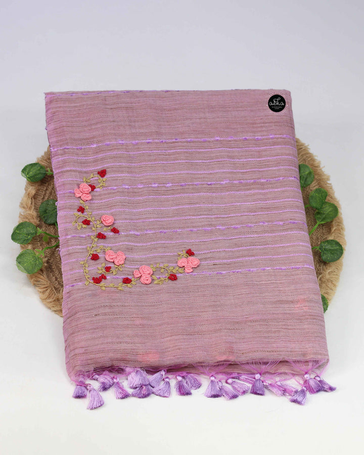 Lavender Bamboo Silk Saree with Floral Hand Embroidery