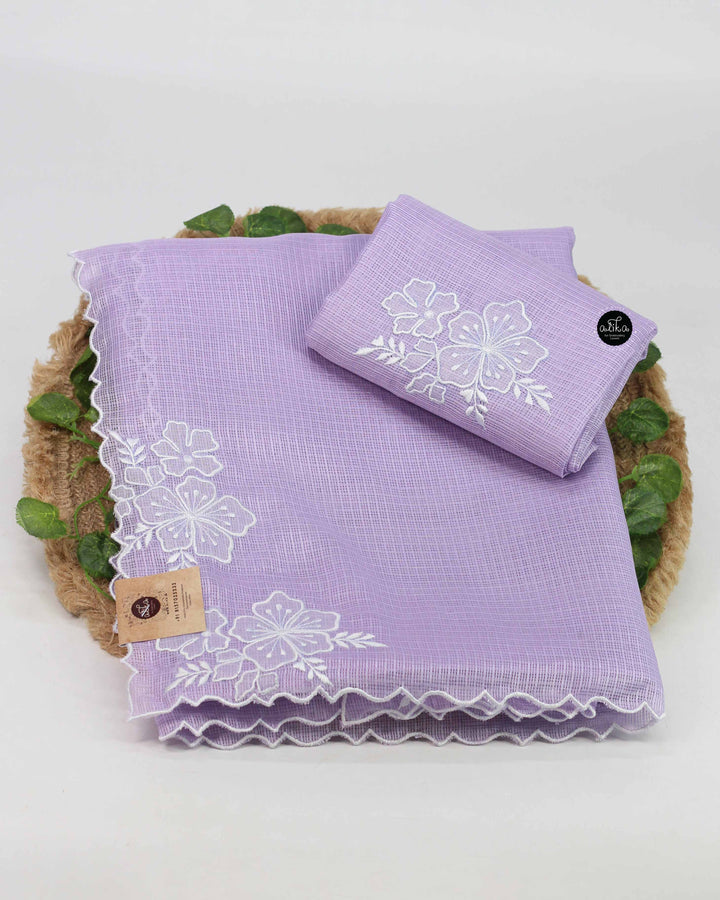 Lavender Silky Kota Saree with Floral Applique Work