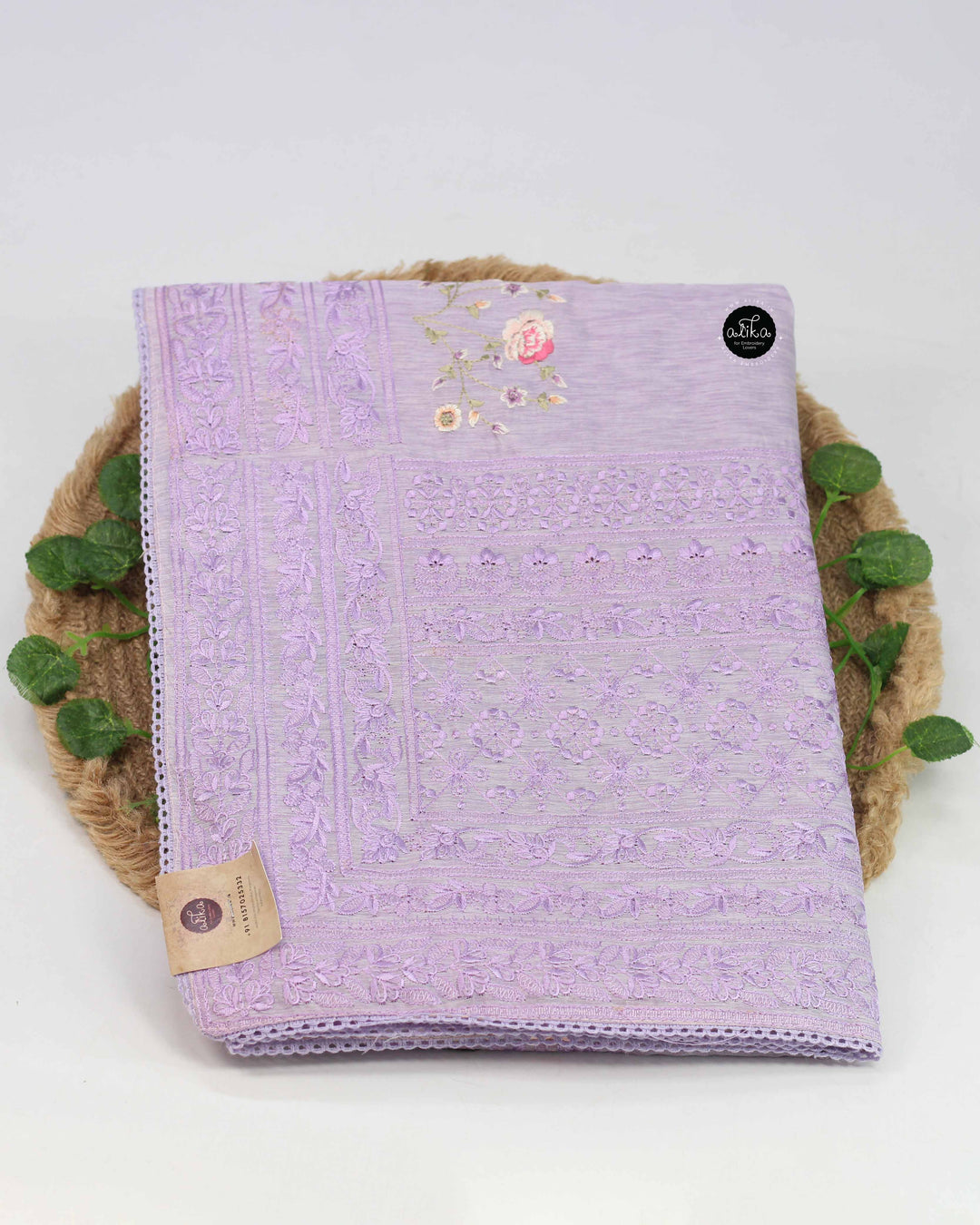 Lavender Designer Silk Saree with Floral Machine Embroidery