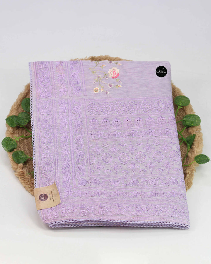 Lavender Designer Silk Saree with Floral Machine Embroidery