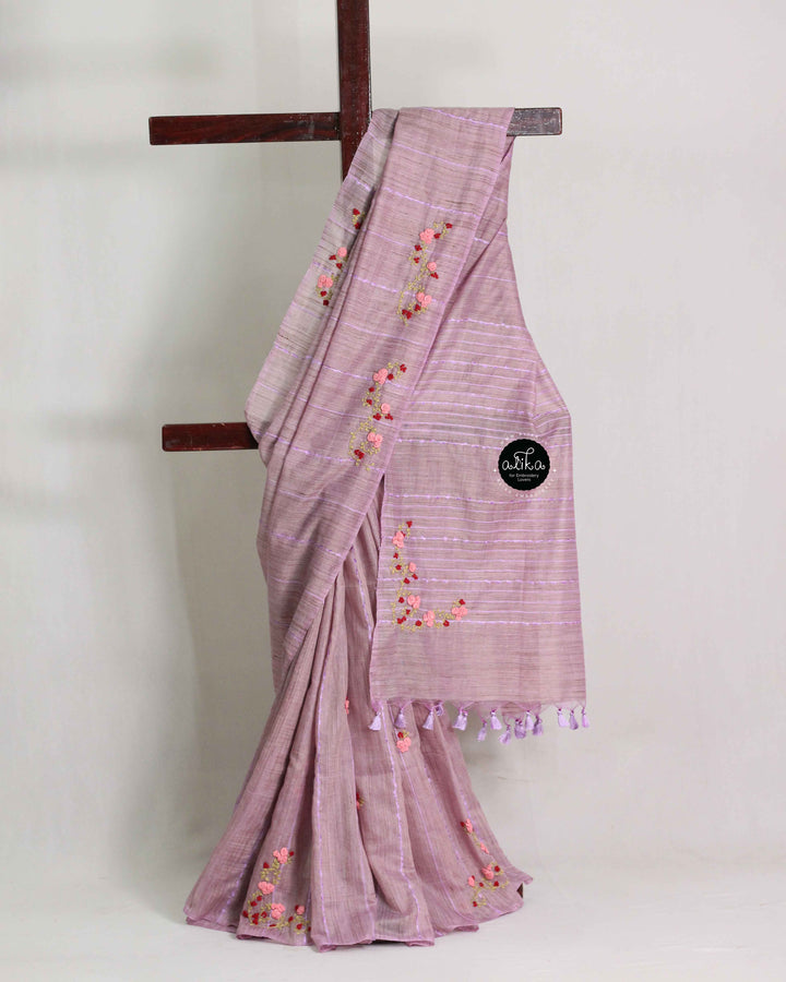Lavender Bamboo Silk Saree with Floral Hand Embroidery