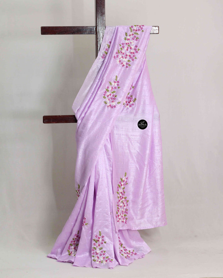 Lavender Semi Silk Saree with Floral Hand Embroidery
