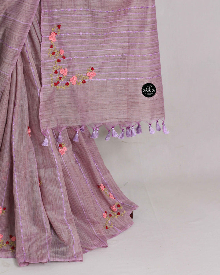Lavender Bamboo Silk Saree with Floral Hand Embroidery