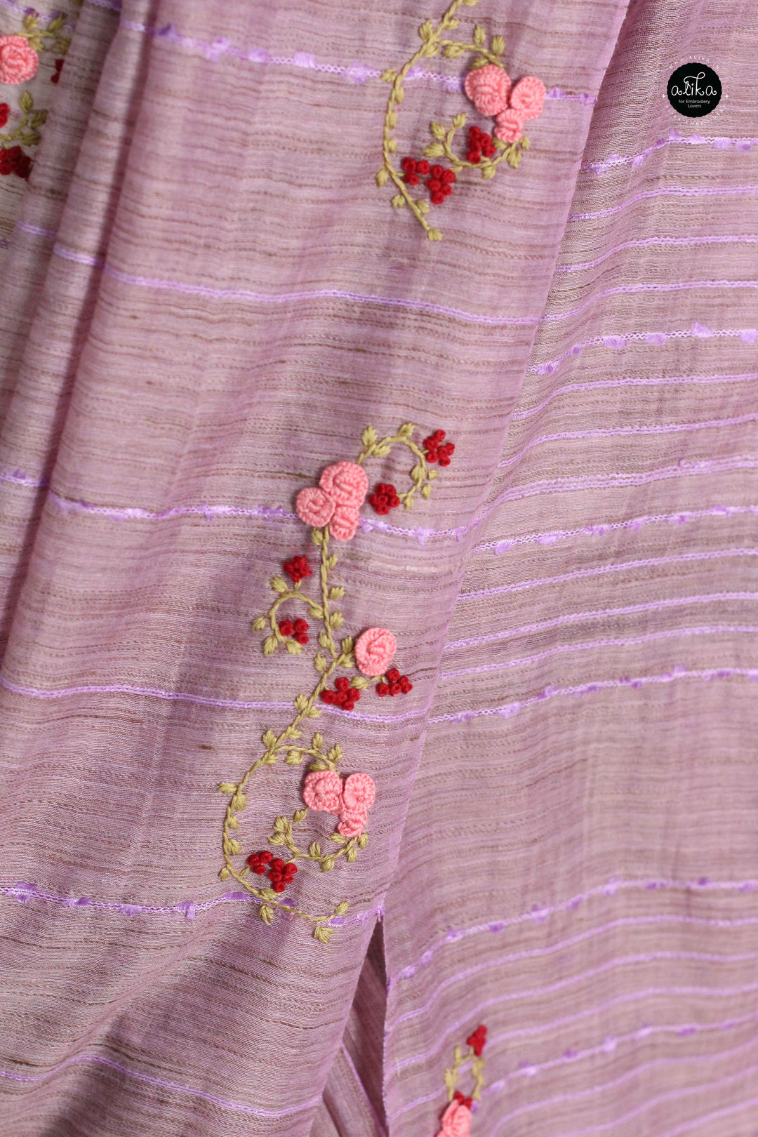 Lavender Bamboo Silk Saree with Floral Hand Embroidery
