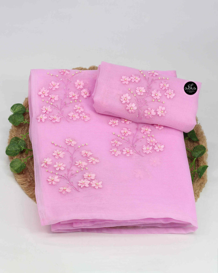 Light Pink Kota Saree With Floral Ribbon &amp; Bead Work