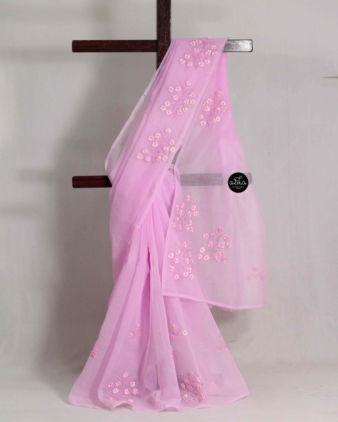 Light Pink Kota Saree With Floral Ribbon &amp; Bead Work