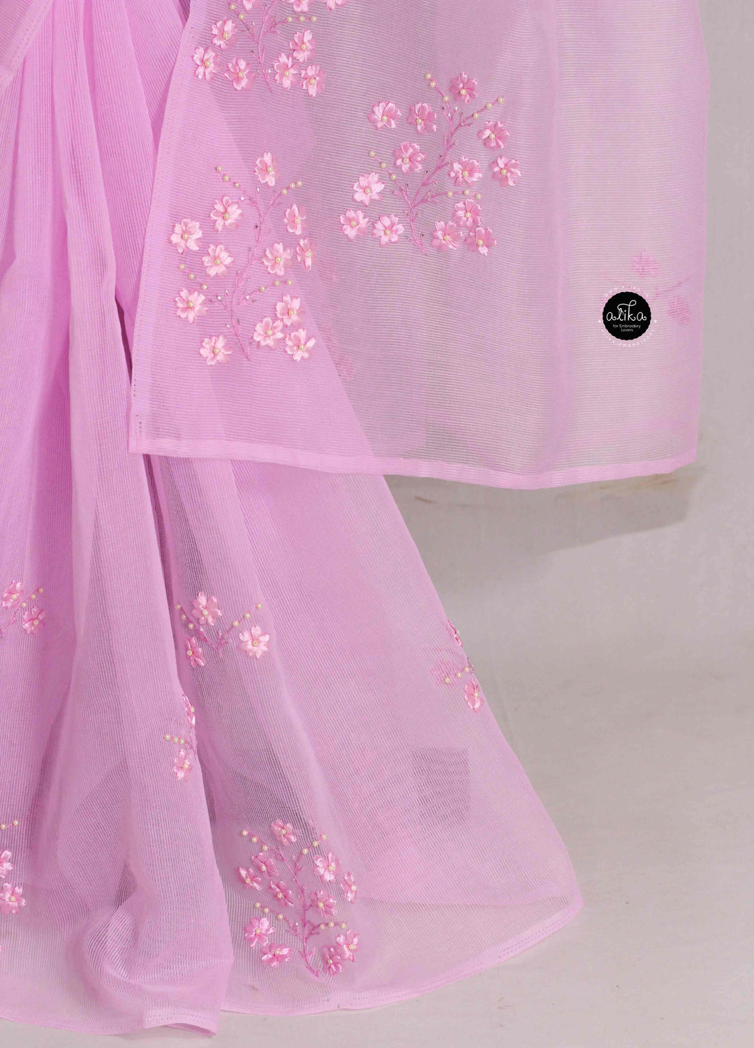 Light Pink Kota Saree With Floral Ribbon &amp; Bead Work