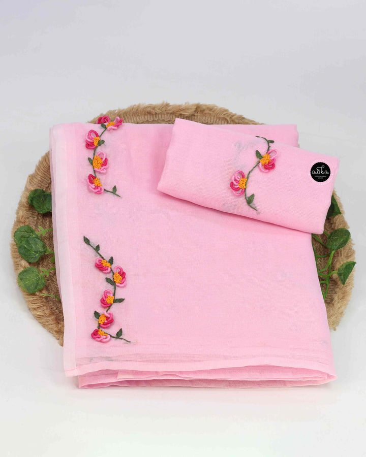 Light Pink Kota Saree with Floral Hand Embroidery