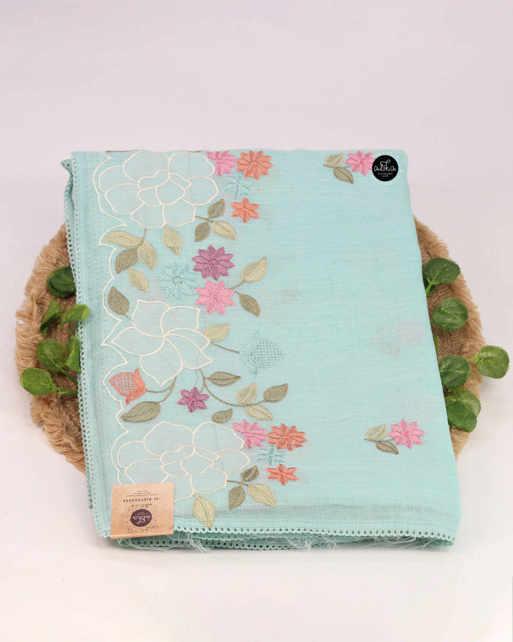Light Aqua Linen Cotton Saree with Floral Applique Work