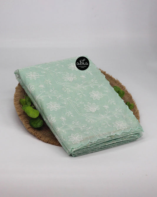 Summer Green Chanderi Saree with Floral Embroidery & Scalloped Border – Alika Fashion Store