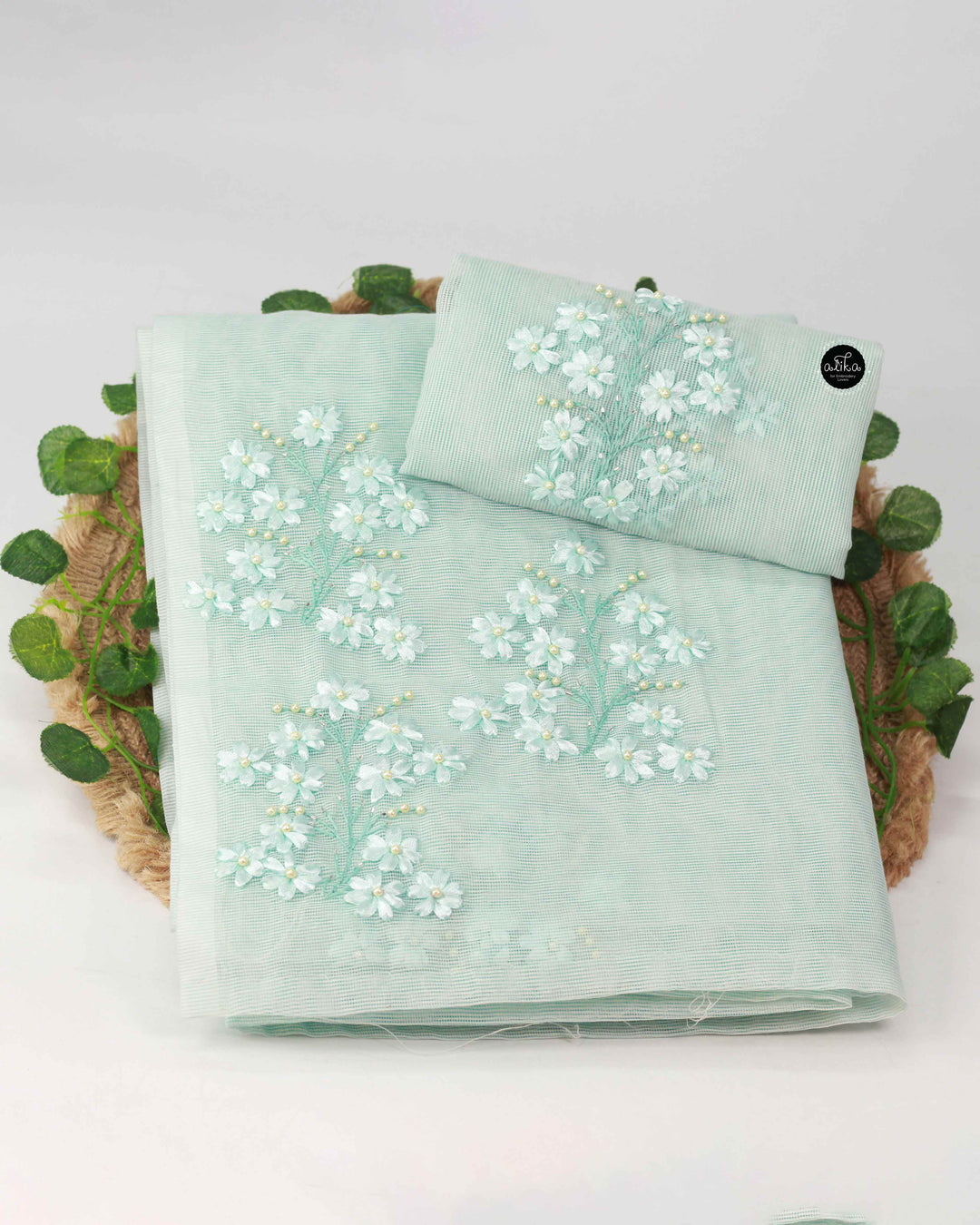 Serene Green Kota Saree with Floral Ribbon Work