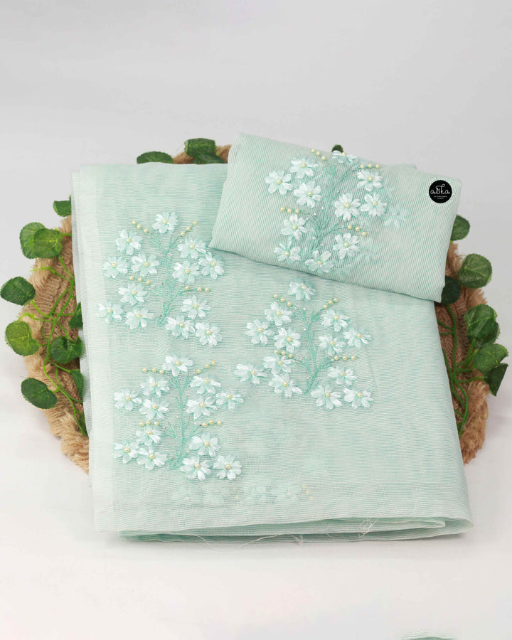 Serene Green Kota Saree with Floral Ribbon Work