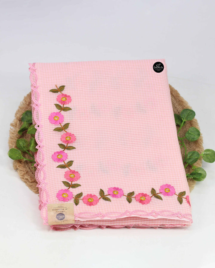 Blush Pink Kota Saree with Floral Machine Embroidery
