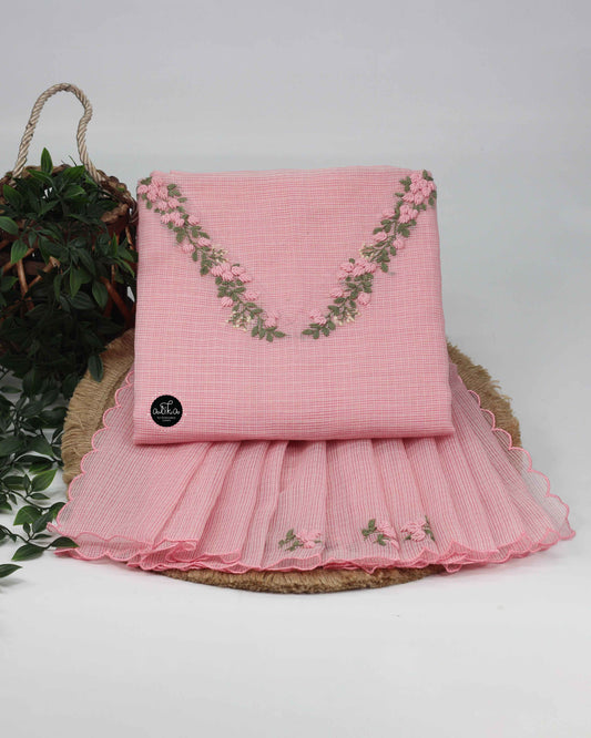 Light Pink Kota Unstitched Top & Dupatta Set with Floral Bullion Hand Embroidery – Alika Fashion Store