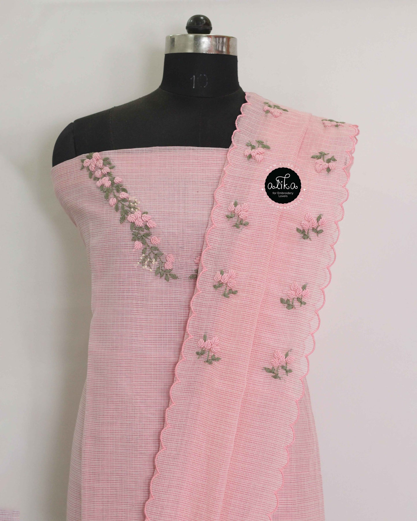 Light Pink Kota Unstitched Top & Dupatta Set with Floral Bullion Hand Embroidery – Alika Fashion Store