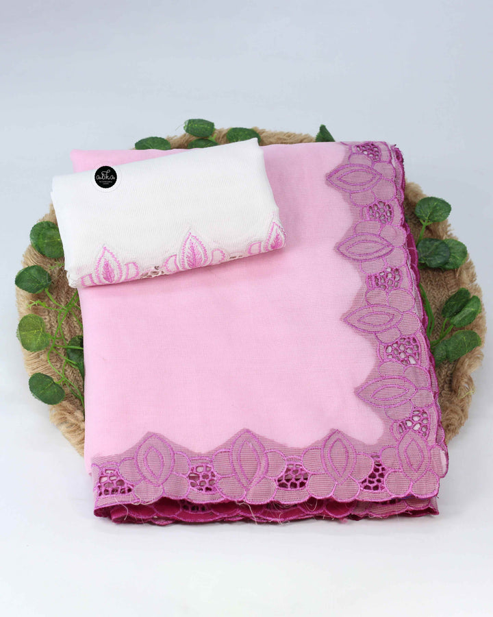 Light Pink Kota Saree with Floral Full Border Cutwork