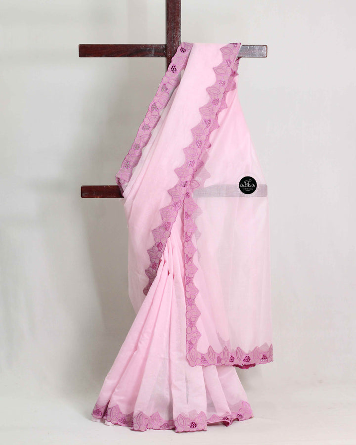 Light Pink Kota Saree with Floral Full Border Cutwork