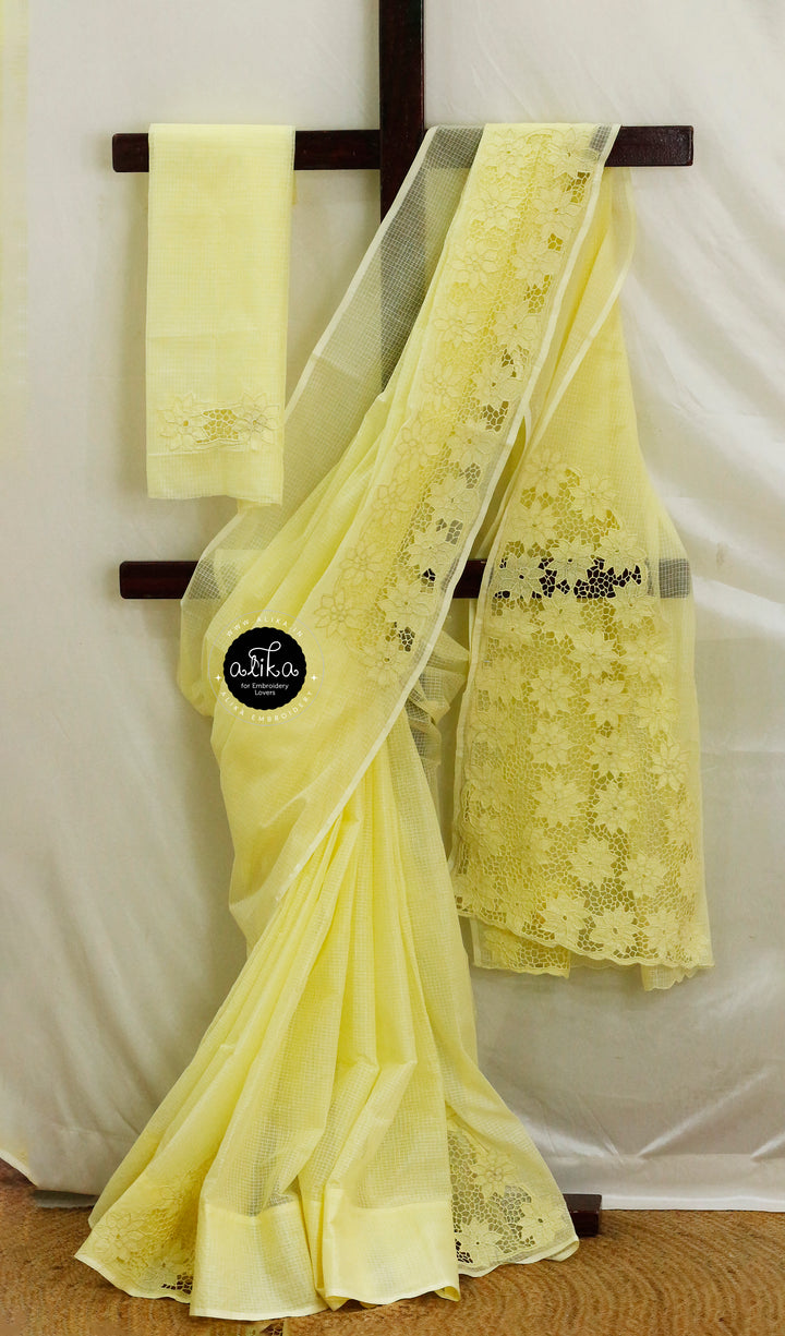 Lemon Yellow Cotton Kota Saree with Self Shade Twine Cut Work