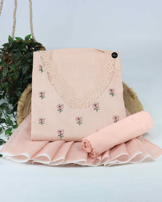Light Peach Linen Unstitched Salwar Set with Floral Machine Embroidery & Lace Detailing on neck and sleeves