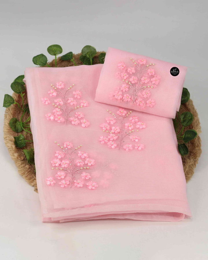 Baby Pink Kota Saree with Floral Ribbon Work – Soft Elegant Wear