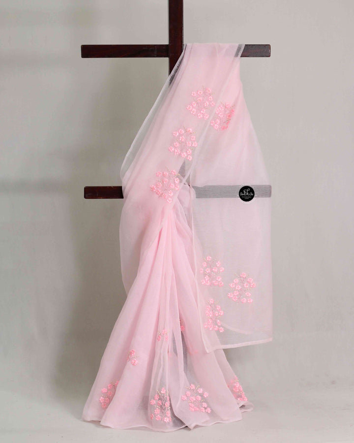 Baby Pink Kota Saree with Floral Ribbon Work – Soft Elegant Wear
