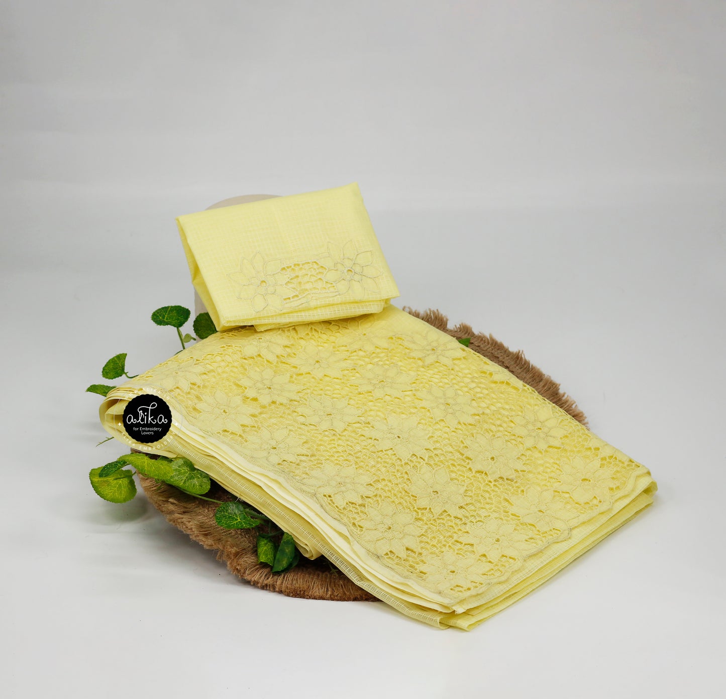 Lemon Yellow Cotton Kota Saree with Self Shade Twine Cut Work by Alika Fashion Store