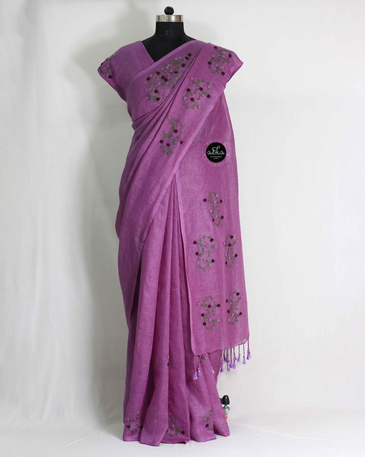 Violet Pure Linen Saree with Floral Hand Embroidery and Bead Embellishments