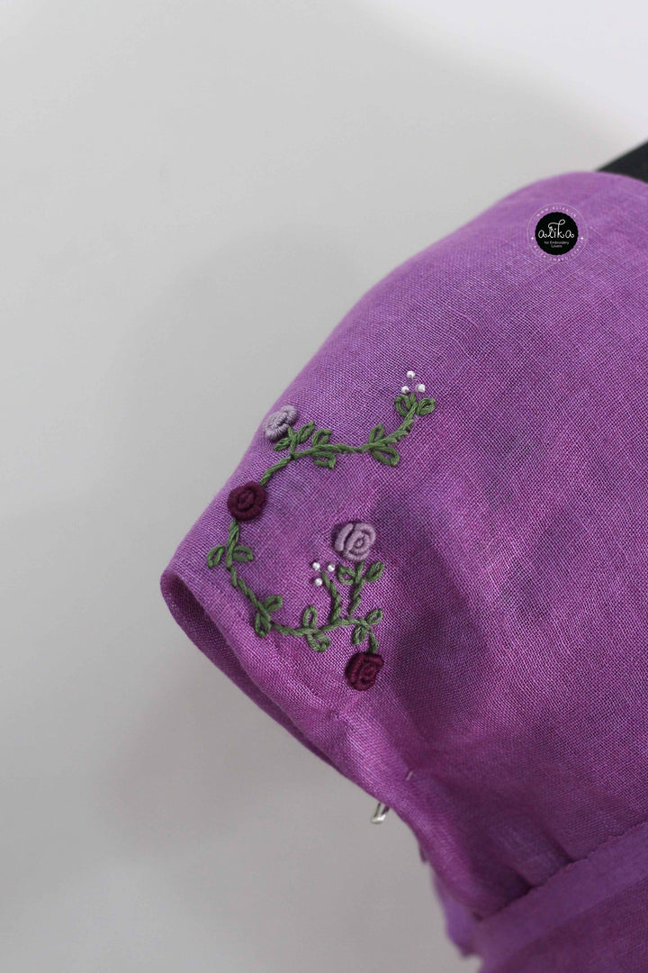 Violet Pure Linen Saree with Floral Hand Embroidery and Bead Embellishments