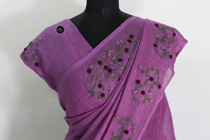Violet Pure Linen Saree with Floral Hand Embroidery and Bead Embellishments