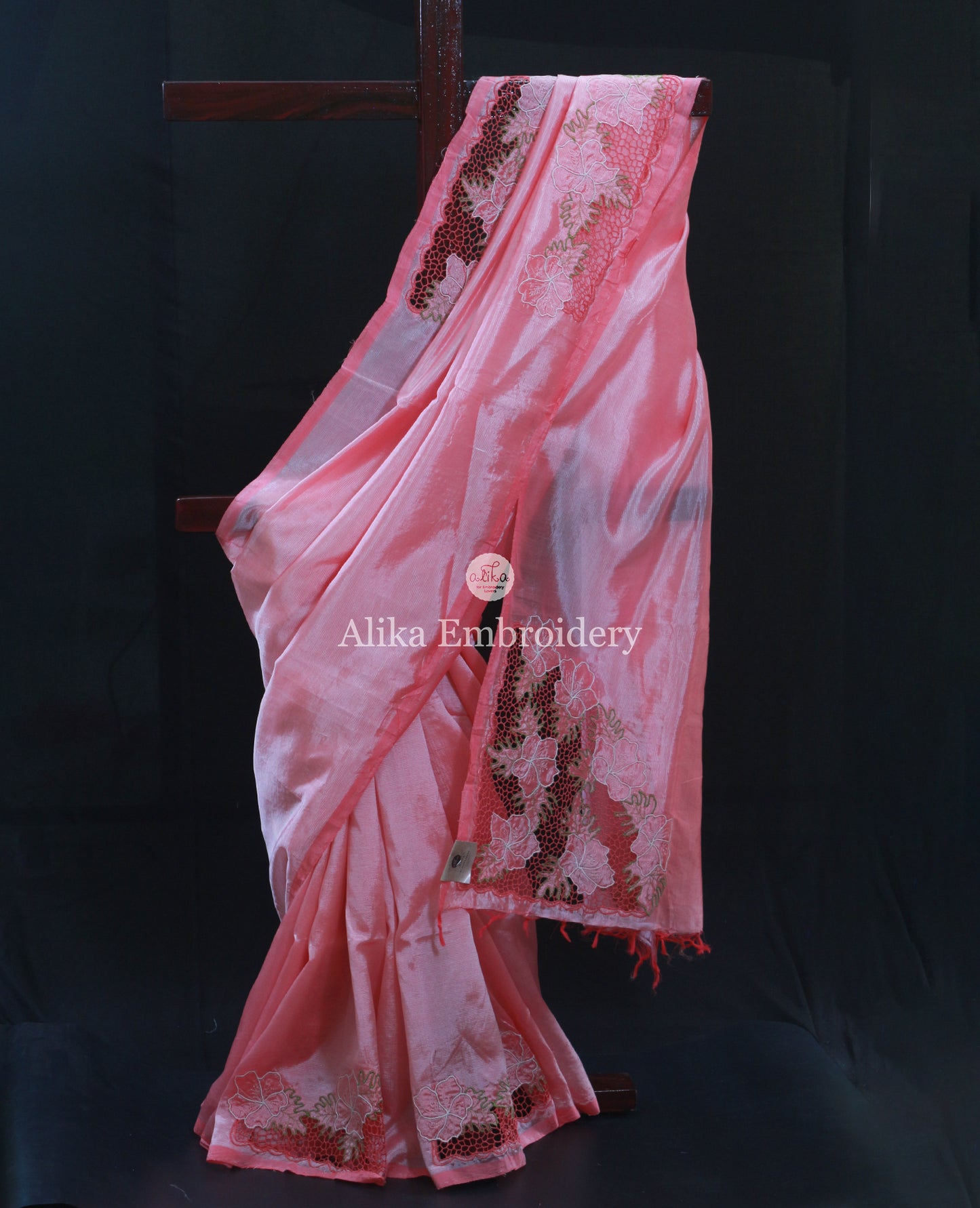 Elegant Peach Silk Saree with Intricate Twine Cut Work